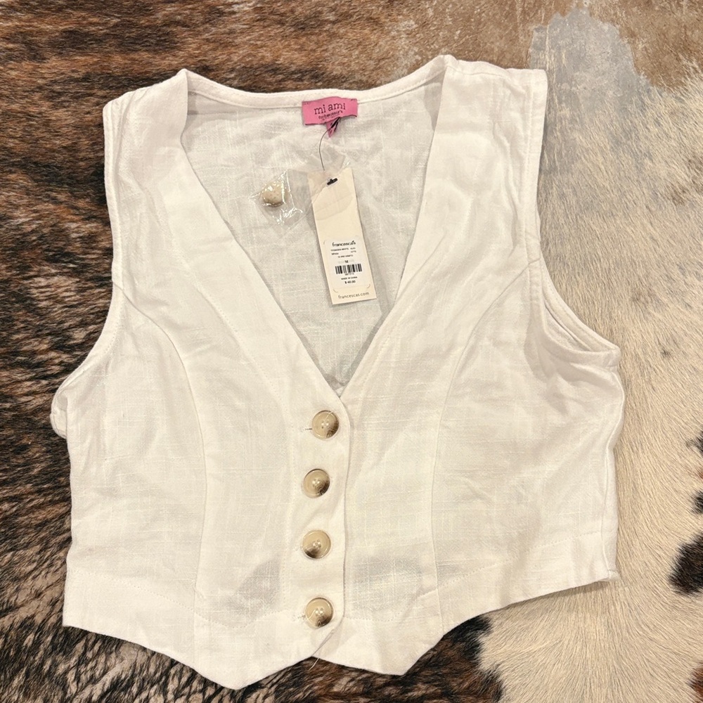 NWT Miami White Linen Sleeveless Vest with Button Detail sz. Med